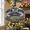 Front view of a Seattle Seahawks 50th Anniversary Christmas Ornament hanging on a tree.