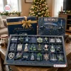 Front view of a blue Seattle Seahawks NFL Christmas Advent Calendar with 24 numbered compartments and assorted sports ornaments.
