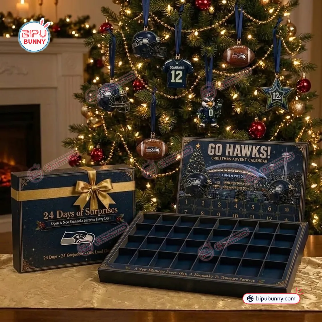 Sculpted 3D Seattle Seahawks helmet, #12 jersey, Blitz mascot, football, and 12s star ornaments hanging from navy ribbons on a Christmas tree