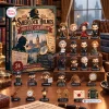 Front view of Sherlock Holmes mystery advent calendar and mini character figures.