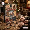 Front view of Sherlock Holmes mystery advent calendar figures and box on a wooden table.