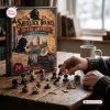 Front view of Sherlock Holmes mystery advent calendar figures arranged on a wooden table with a hand holding a mini figurine.