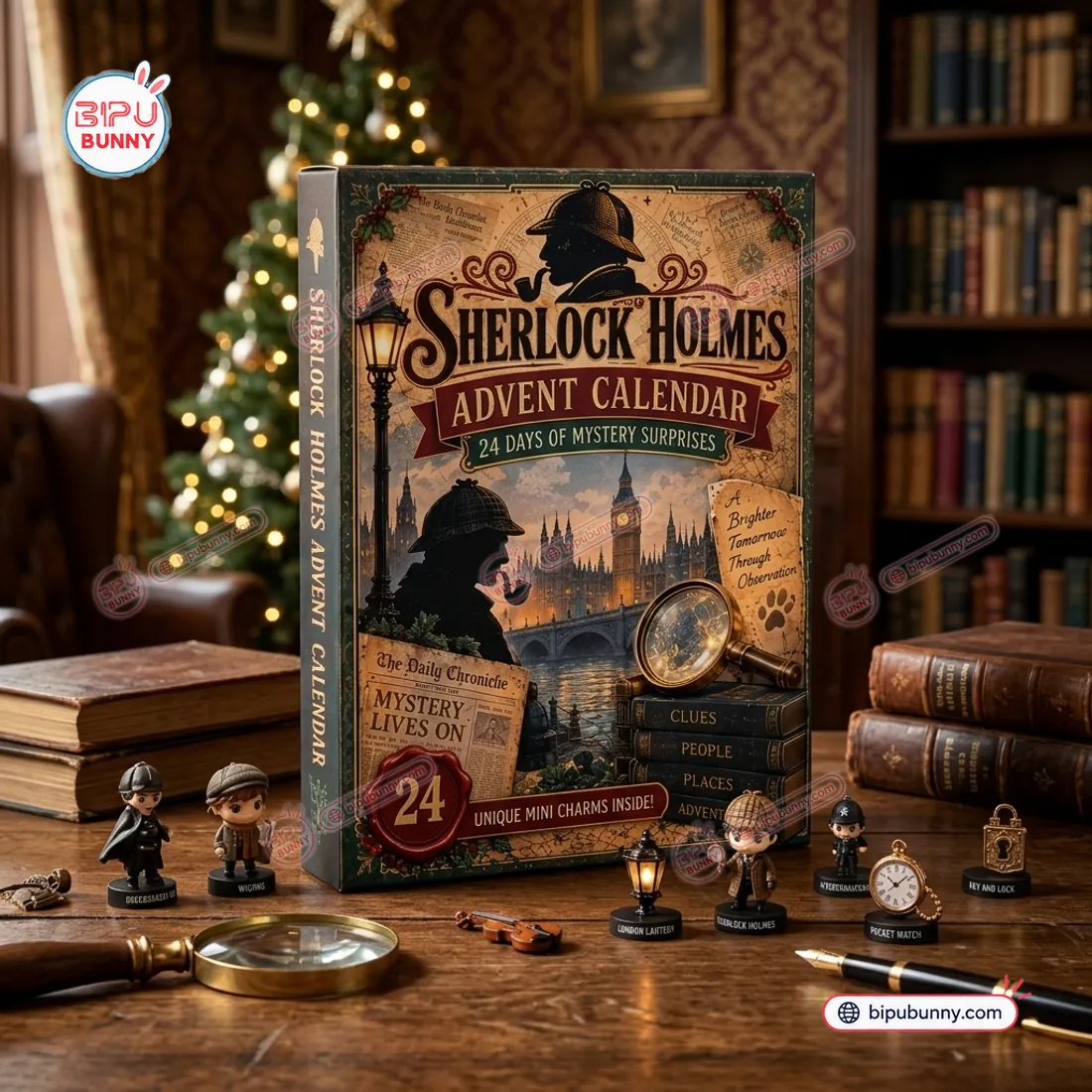Sherlock Holmes Advent Calendar box standing beside leather-bound books and freestanding miniature detective figures on a wooden study table