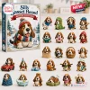 Front view of a Silly Basset Hound Advent Calendar box next to twenty four miniature dog figurines.