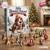 Front view of a Silly Basset Hound Advent Calendar box surrounded by 24 miniature acrylic dog figurines.