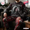 Front view of Sleep Token Worship The Winter Ugly Christmas Sweater paired with matching red plaid lounge pants.