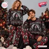 Lifestyle view of two models wearing the Sleep Token Worship The Winter Ugly Christmas Sweater and matching plaid lounge pants.