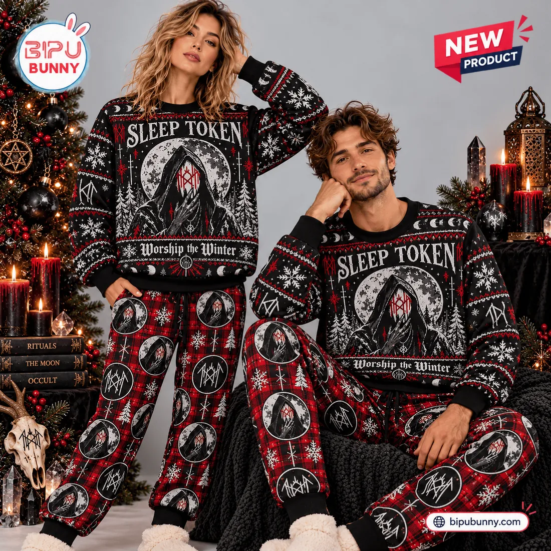 Couple wearing matching Sleep Token Worship The Winter sweater and jogger pants sets