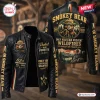 Front and back view of the Smokey Bear 82nd Anniversary Leather Jacket with forest fire prevention graphics.
