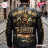 Back view of the Smokey Bear 82nd Anniversary Leather Jacket featuring large bear graphic and wildfire prevention text.