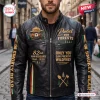 Front view of a black Smokey Bear 82nd Anniversary Leather Jacket worn outdoors on a city street.