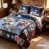 Front view of a Snoopy Christmas Ice Skating Bedding Set on a wooden cabin bed with winter graphics.