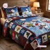 Front view of Snoopy Christmas Ice Skating Bedding Set featuring quilt and pillowcases with holiday cartoon graphics.