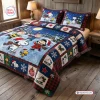 Front view of Snoopy Christmas Ice Skating Bedding Set on a wooden bed frame.