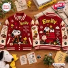 Front and back view of red and white custom Snoopy Happiness Is A Warm Hug Varsity Jacket.