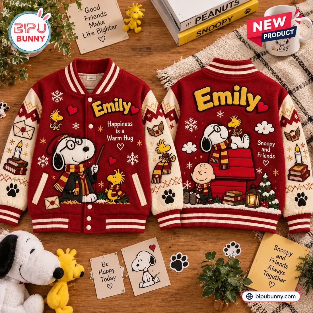 Front and back view of red and white custom Snoopy Happiness Is A Warm Hug Varsity Jacket.