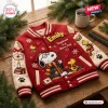 Front view of the Snoopy Happiness Is A Warm Hug Varsity Jacket in red with embroidered patches.