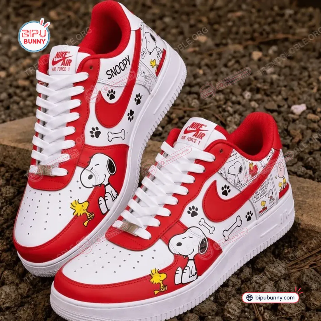 Top-angle view of the Snoopy Peanuts Custom Air Force 1 Sneakers displaying forefoot Snoopy and Woodstock artwork