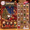 Front view of the Snoopy Peanuts Gang 2026 Advent Calendar box alongside a clear plastic tray holding holiday character charms.