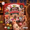 Girl holding a dumpling toy near Sophia's Dumpling Squishy Christmas Advent Calendar.