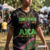 Front view of the Soror Monique Juneteenth AKA Black History Month Baseball Jersey featuring graphic text and a raised fist symbol.