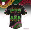 Front view of the Soror Monique Juneteenth AKA Black History Month Baseball Jersey featuring a raised fist design.