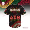 Front view of the Soror Monique Juneteenth Black History Month Baseball Jersey with colorful geometric patterns.