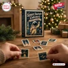 Front view of Space Stamps Collection Advent Calendar 2026 with postage stamp ornaments on a wooden table.
