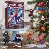 Front view of Spider-Man Christmas Advent Calendar box with collectible holiday ornaments displayed on a table.