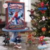Front view of a Spider-Man Christmas Advent Calendar next to collectible character figurines and a decorated tree.