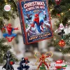Front view of a Spider-Man Christmas Advent Calendar surrounded by collectible character ornaments on a tree.