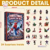 Product detail view of Spider-Man Christmas Advent Calendar with dimension markings and included toy figures.