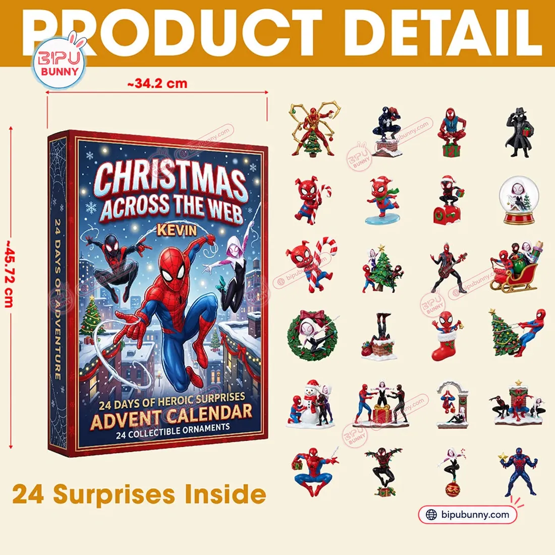 Complete 24-piece lineup of the Spider-Man Christmas Advent Calendar showing box dimensions and all 24 Spider-Verse ornaments