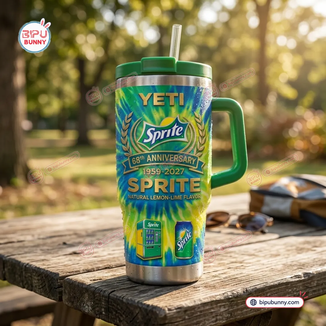 Outdoor picnic table view of the Sprite 68th Anniversary YETI Tumbler Cup highlighting the lemon-lime tie-dye wrap and Kelly-green handle