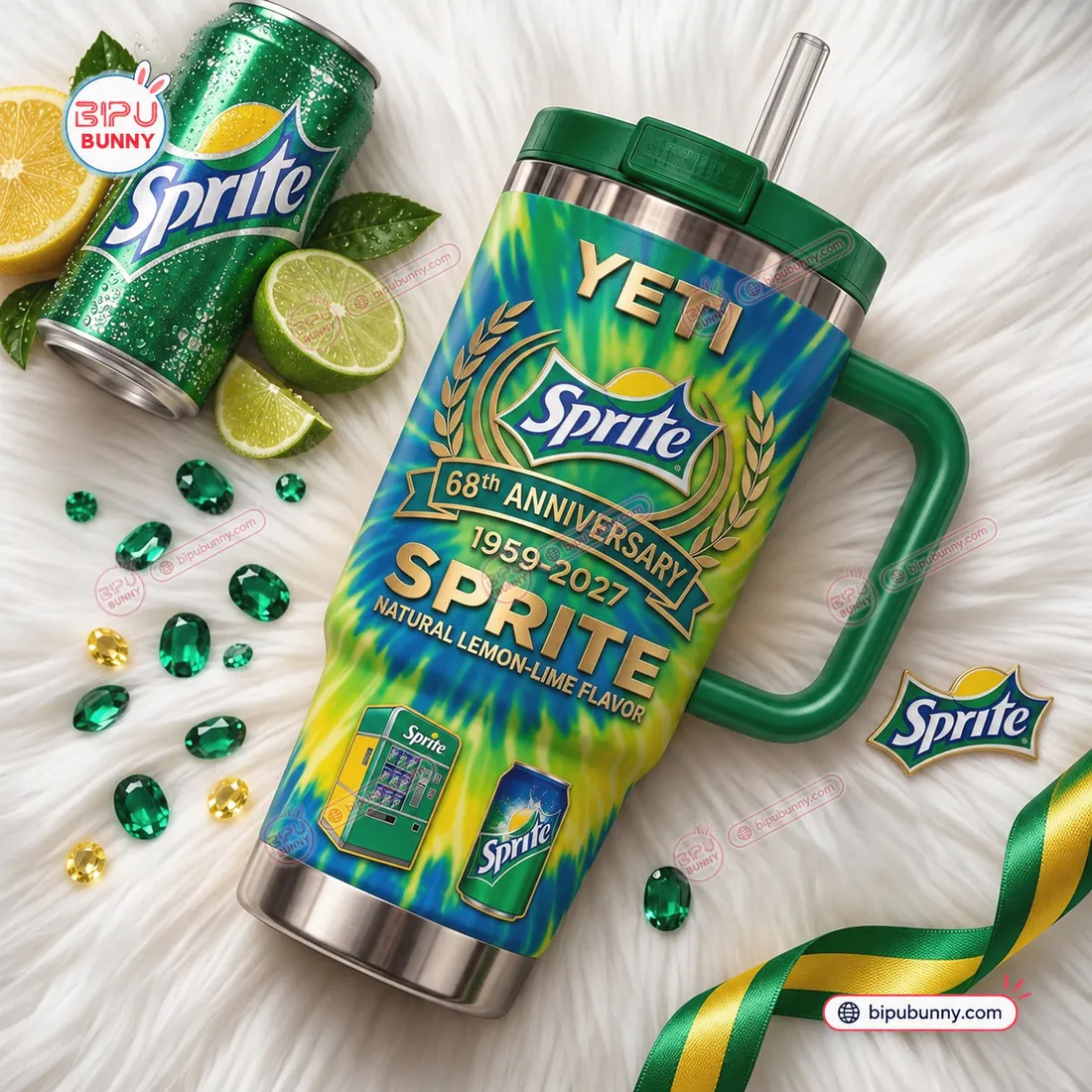 Flat-lay of the Sprite 68th Anniversary YETI Tumbler Cup alongside fresh lemon and lime slices and a Sprite soda can