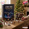 Front view of the Star Trek Christmas 2026 Advent Calendar box alongside miniature vinyl figures arranged on a wooden table.