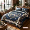 Angle view of Star Trek Starfleet Academy Bedding Set in blue with gold insignia on a wooden bed frame.