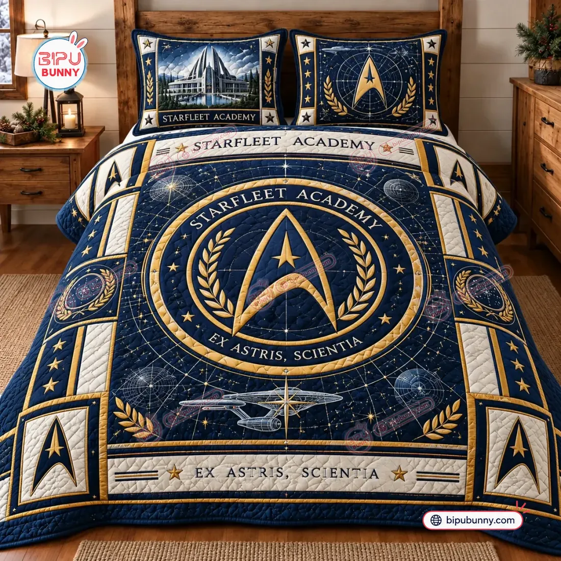 Top-down bedroom view of the Star Trek Starfleet Academy Bedding Set showing the Ex Astris Scientia medallion, starship schematic, and two distinct pillowcases