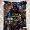 Front view of a Star Wars 50th Anniversary cosmic blanket featuring an ensemble of characters and space battle art.