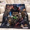 Front view of a Star Wars 50th Anniversary cosmic blanket featuring an ensemble of characters draped over a white sofa.
