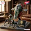 Front view of Star Wars Boba Fett Slave I building brick set with minifigure and anniversary plaque.