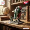 Front view of the Boba Fett Slave I building brick set displayed on a wooden shelf.