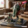 Front view of Star Wars Boba Fett Slave I building brick set with minifigure and display base.