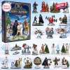 Front view of the Star Wars Galactic 50th Anniversary Advent Calendar box alongside 24 collectible holiday figurines.