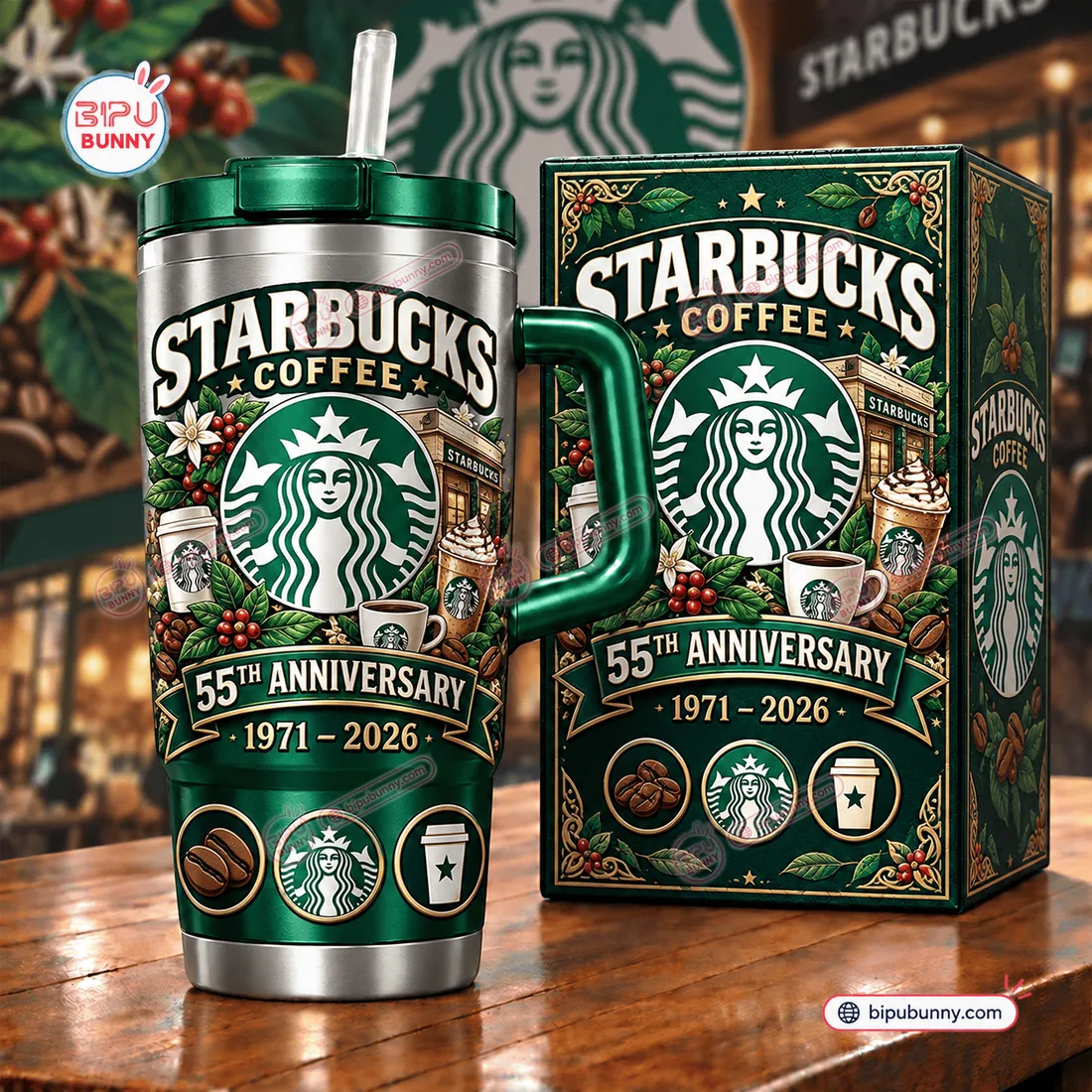Starbucks 55th Anniversary 1971 - 2026 Handle Tumbler beside its matching emerald-green collector box