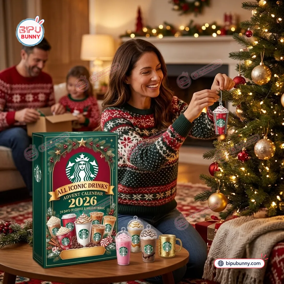 Hanging a miniature Peppermint Mocha red cup ornament on a Christmas tree beside the Starbucks 2026 Advent Calendar box
