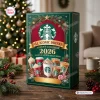 Front three-quarter view of the Starbucks Holiday & Iconic Drinks Advent Calendar 2026 in green and red with festive coffee imagery.