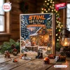 Front view of Stihl 100th Anniversary 1926-2026 Advent Calendar surrounded by miniature themed toys on a wooden table.