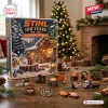 Front view of Stihl 100th Anniversary 1926-2026 Advent Calendar box with miniature ornaments on wooden table.