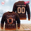 Front and back view of a custom holiday sweater featuring a group graphic, reindeer, and text.